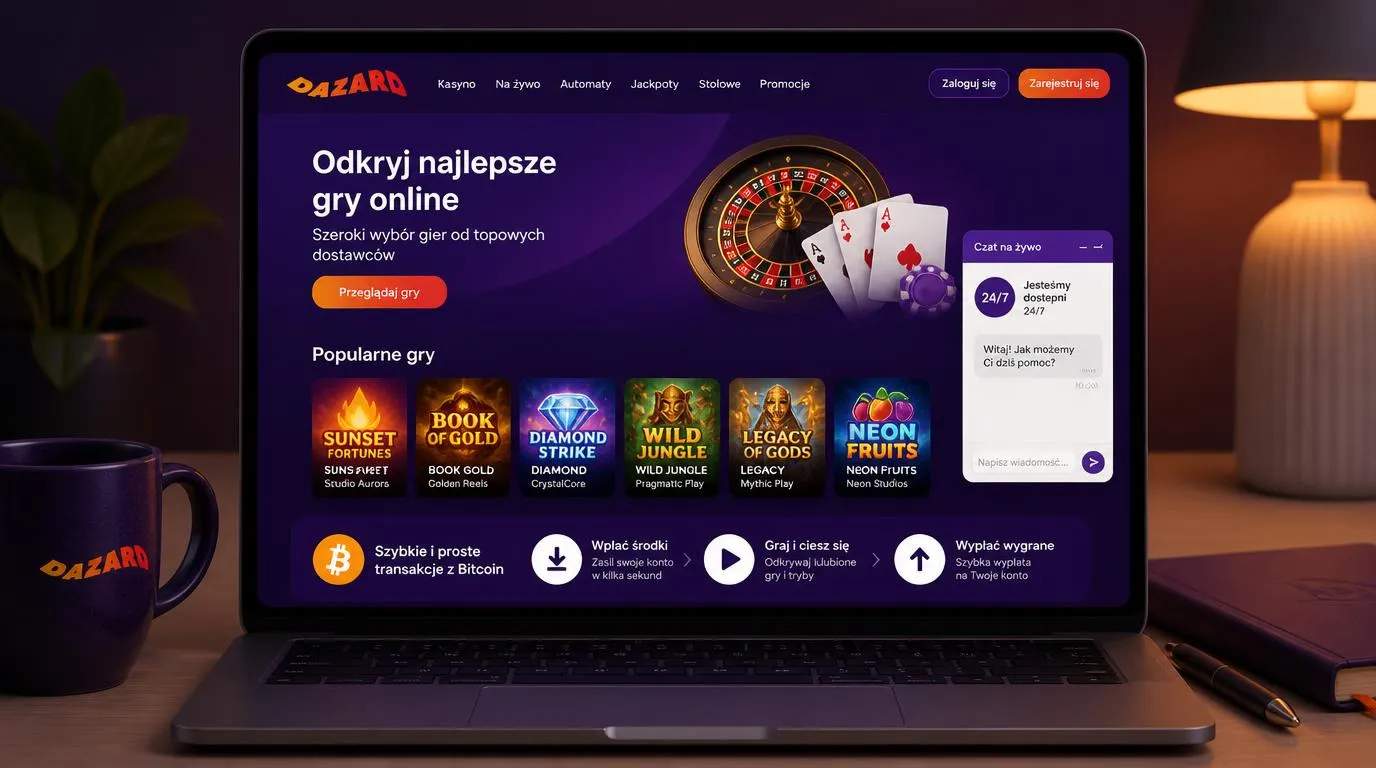 Ekran kasyna z kafelkami gier, oknem czatu i ikoną Bitcoina przy wpłacie oraz wypłacie
