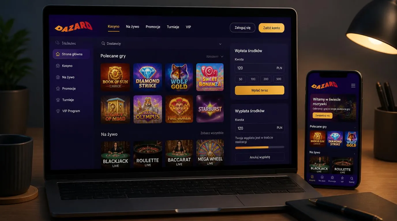 Ekran kasyna na laptopie z wyborem gier, wpłatą 120 PLN i czytelną sekcją wypłat